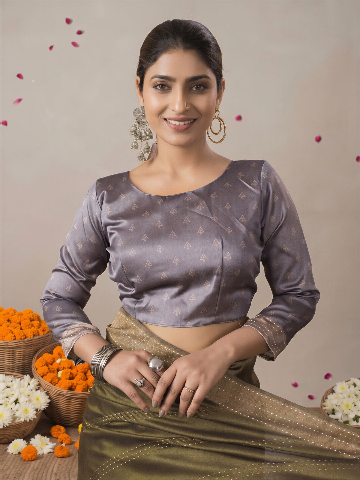 Unstitched grey silk cotton blouse piece with geometric design