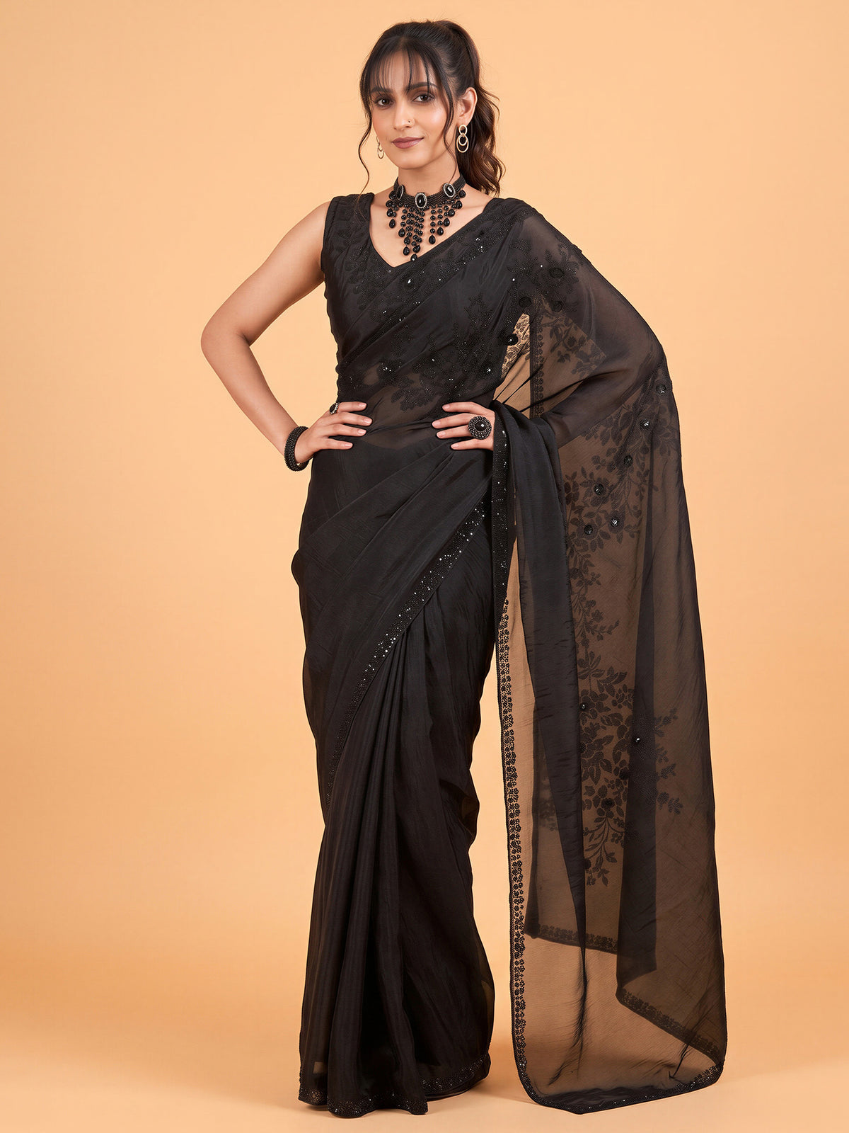 Black Satin Silk saree – detail view 3