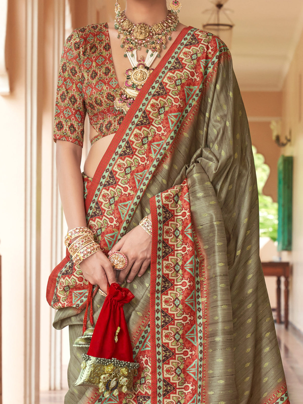 Olive silk blend saree view 3