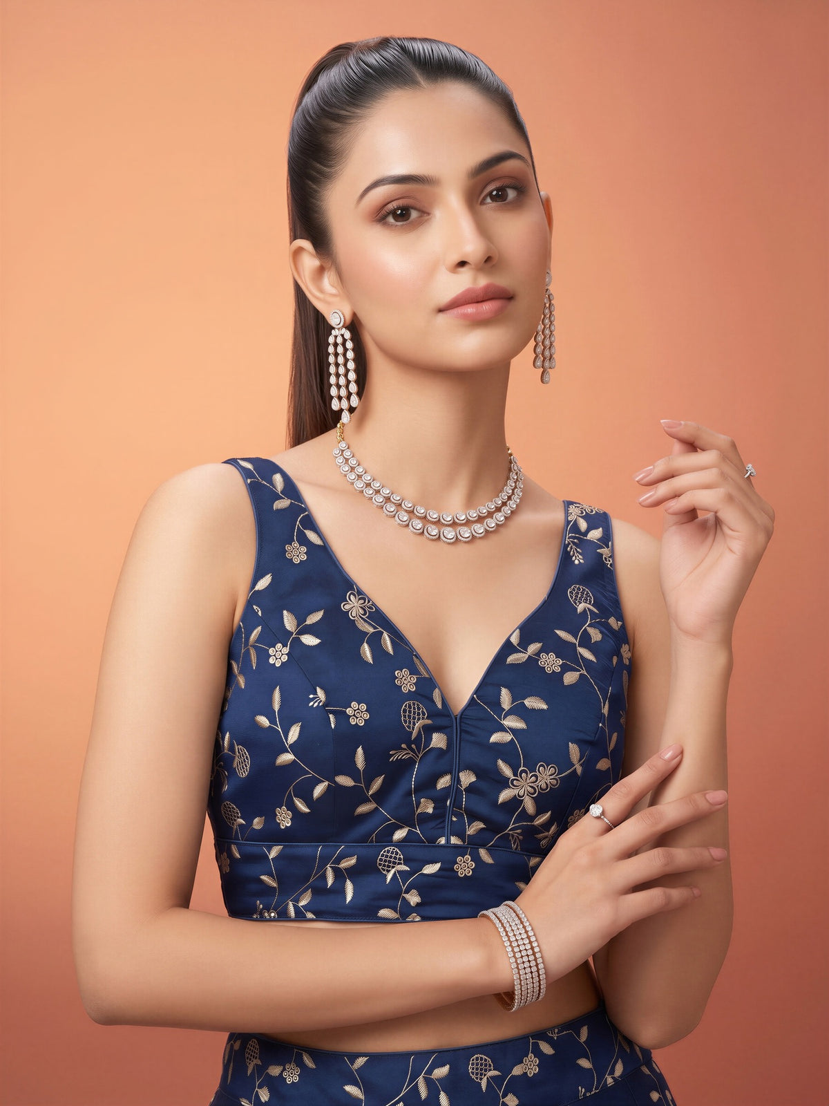 Teal Blue sequin embellished silk blend sleeveless readymade saree blouse with v neck view 3