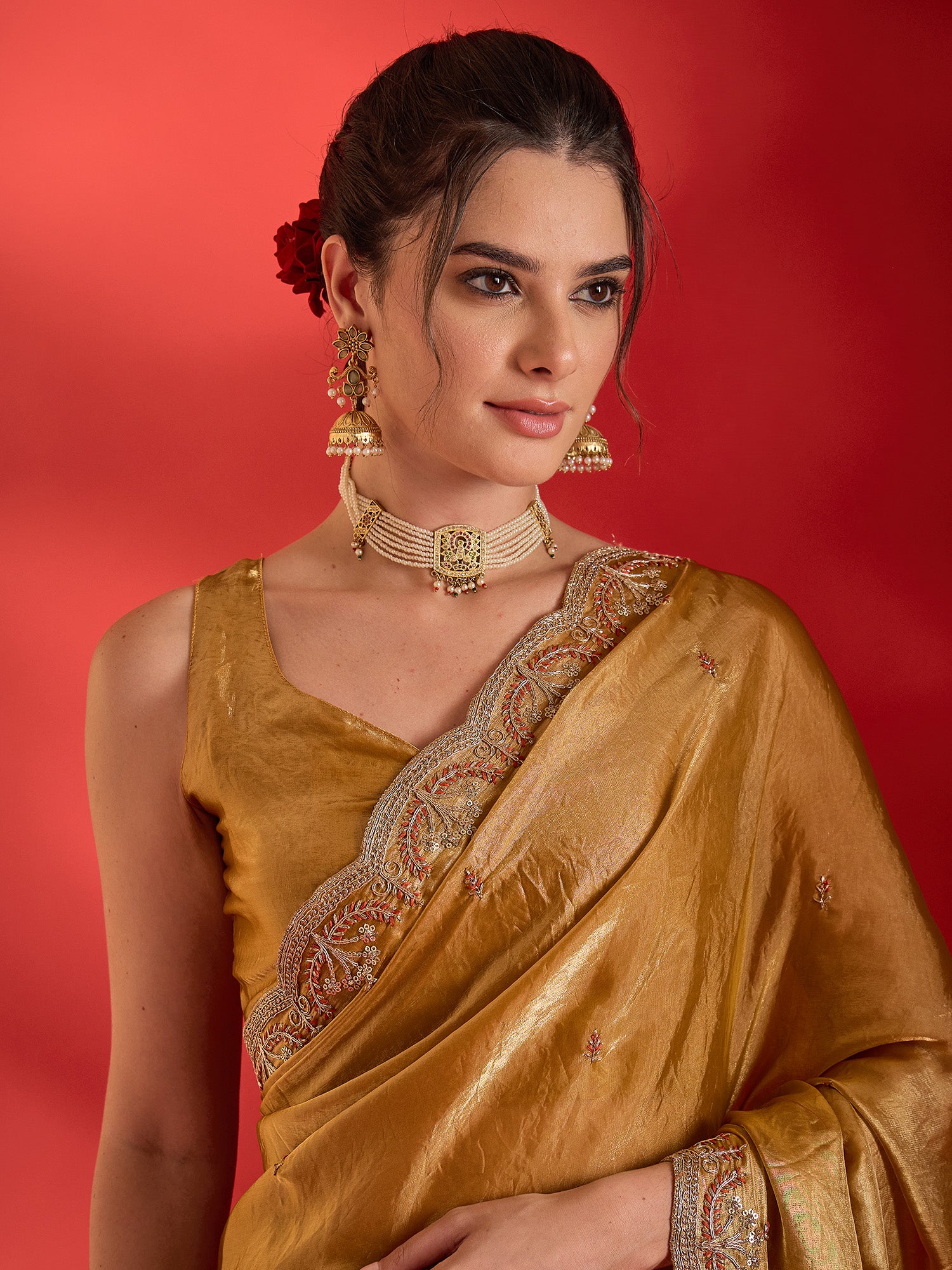 Mustard Satin saree – detail view 4