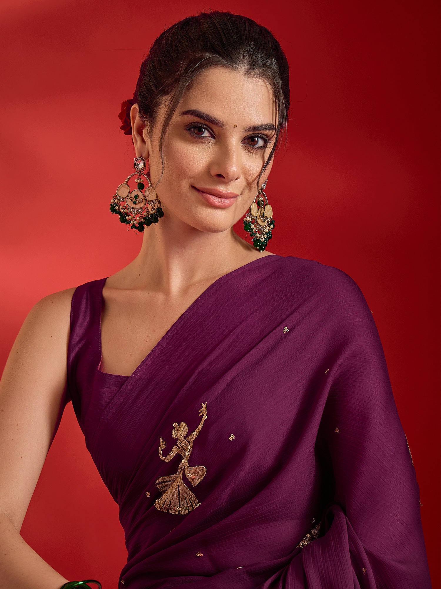 Wine Satin saree – detail view 4