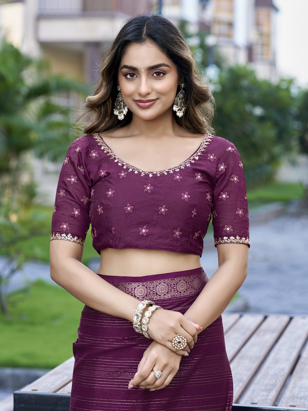 Wine jacquard saree view 2