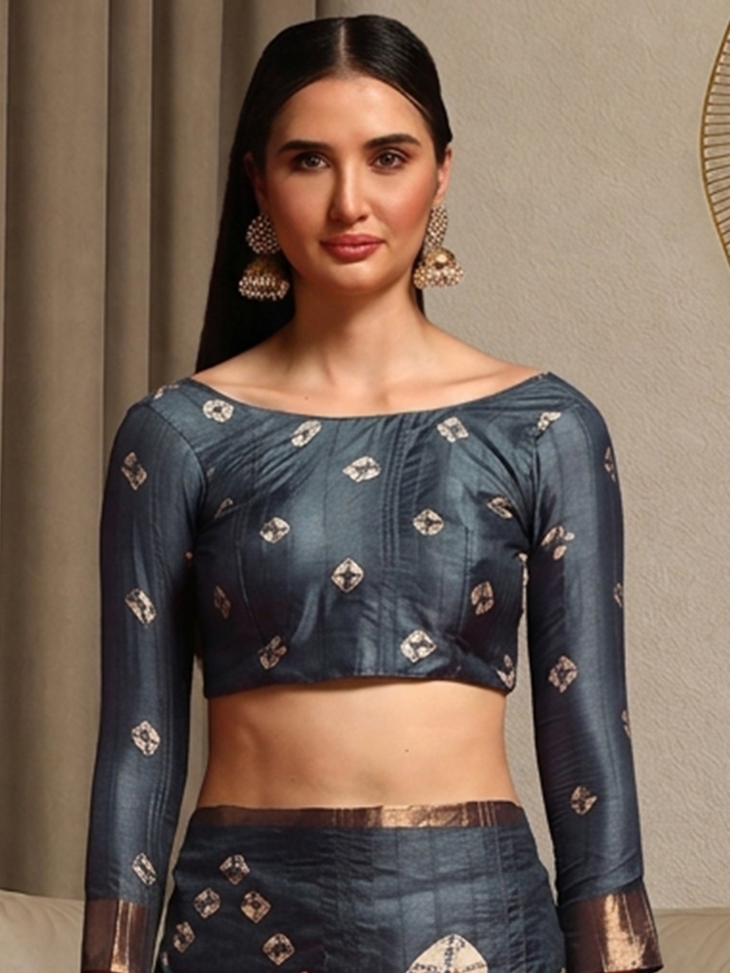 Unstitched grey silk blend blouse piece with bandhani design