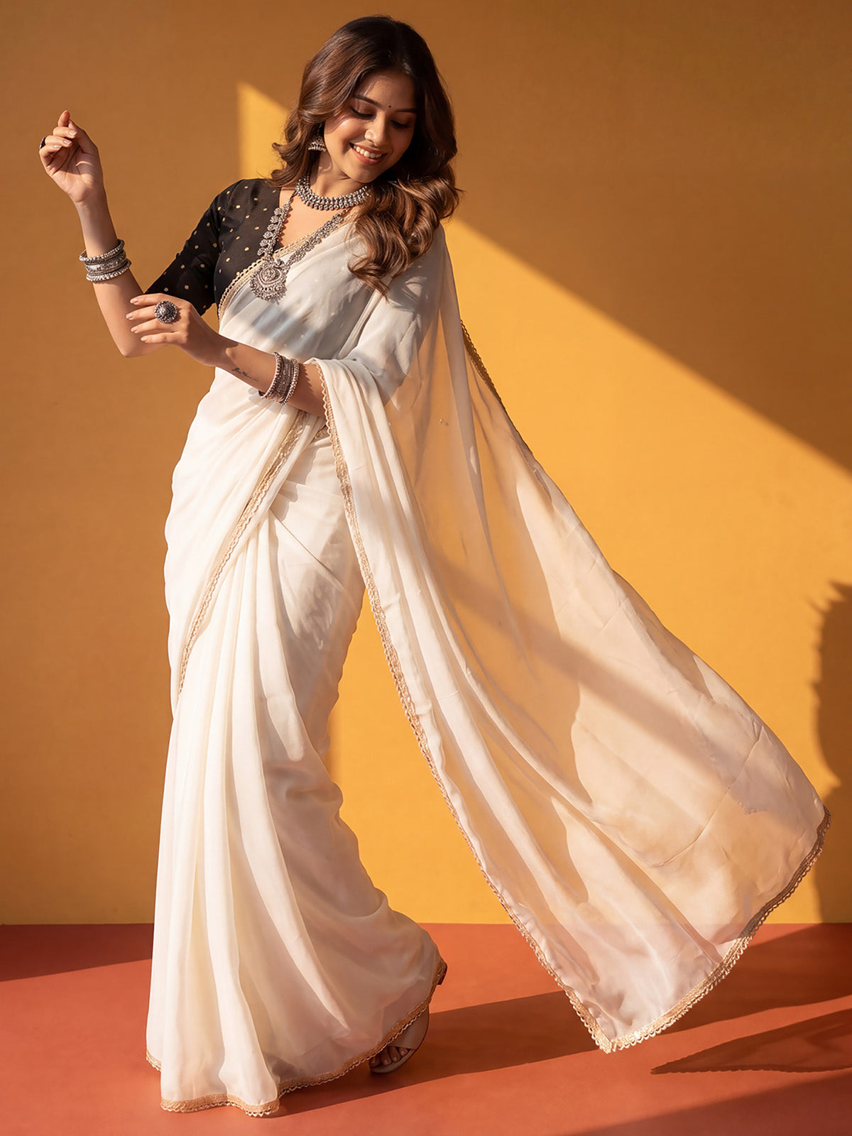 White Georgette saree – detail view 3