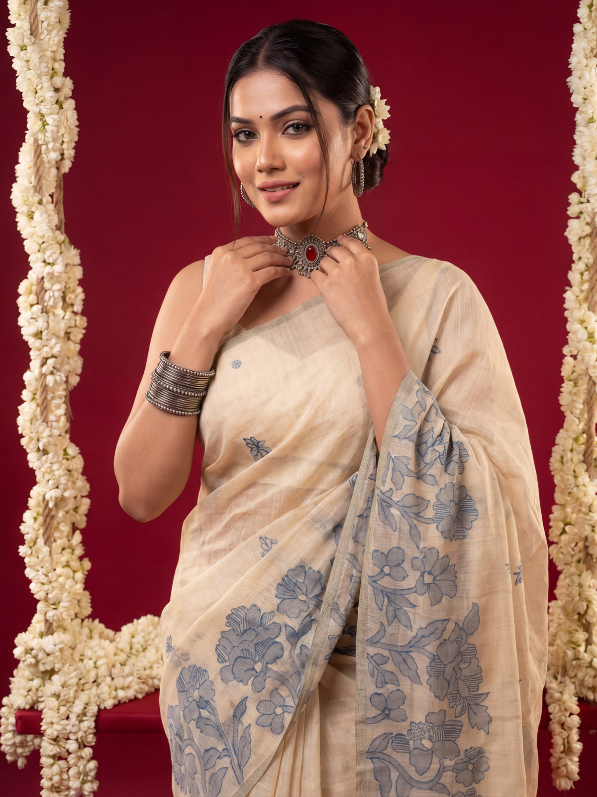 Cream Chanderi Cotton saree – detail view 4