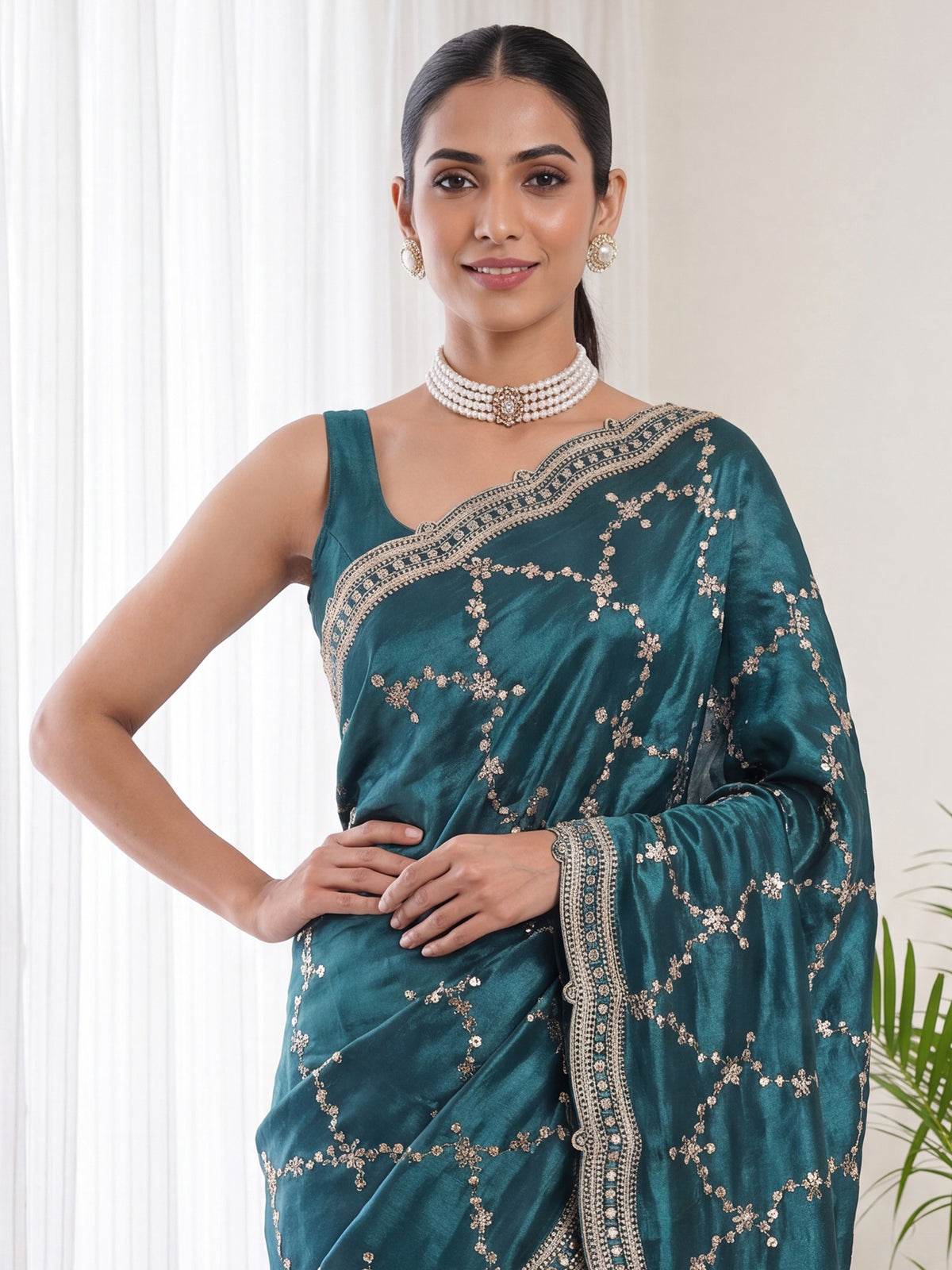 Teal Green Satin saree – detail view 3