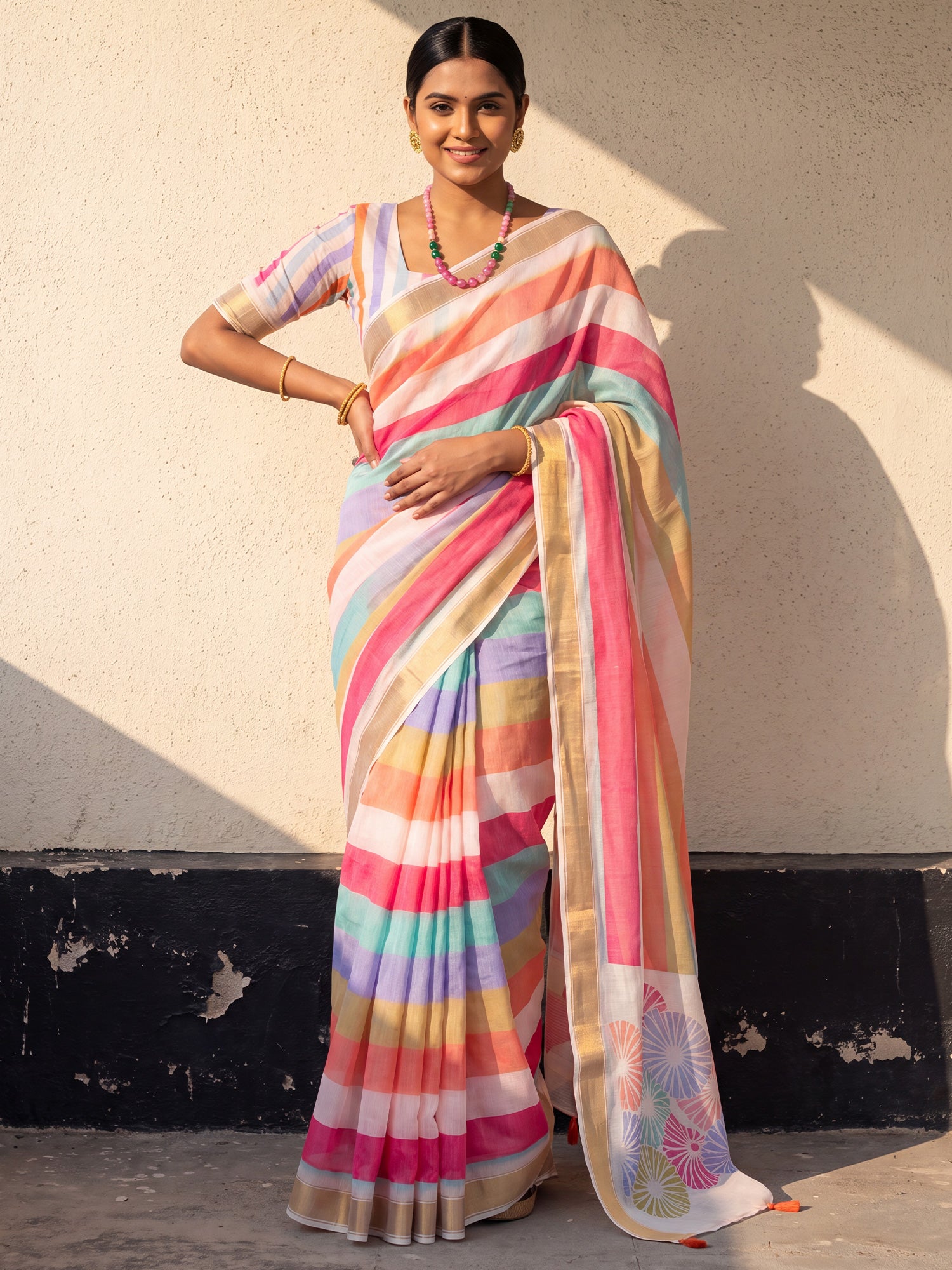 Woman wearing multicolored linen saree with striped pattern design and multicolored blouse