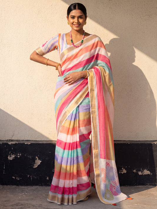 Woman wearing multicolored linen saree with striped pattern design and multicolored blouse