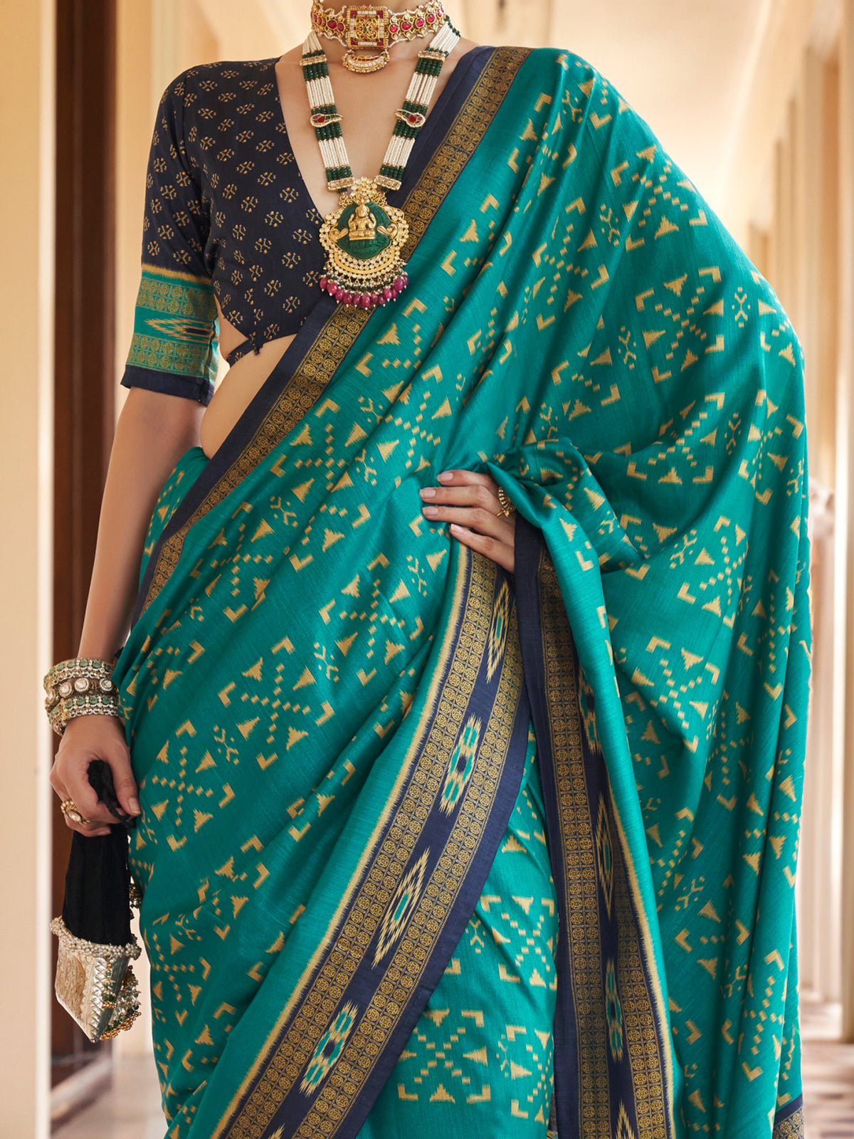 Teal Blue silk blend saree view 3