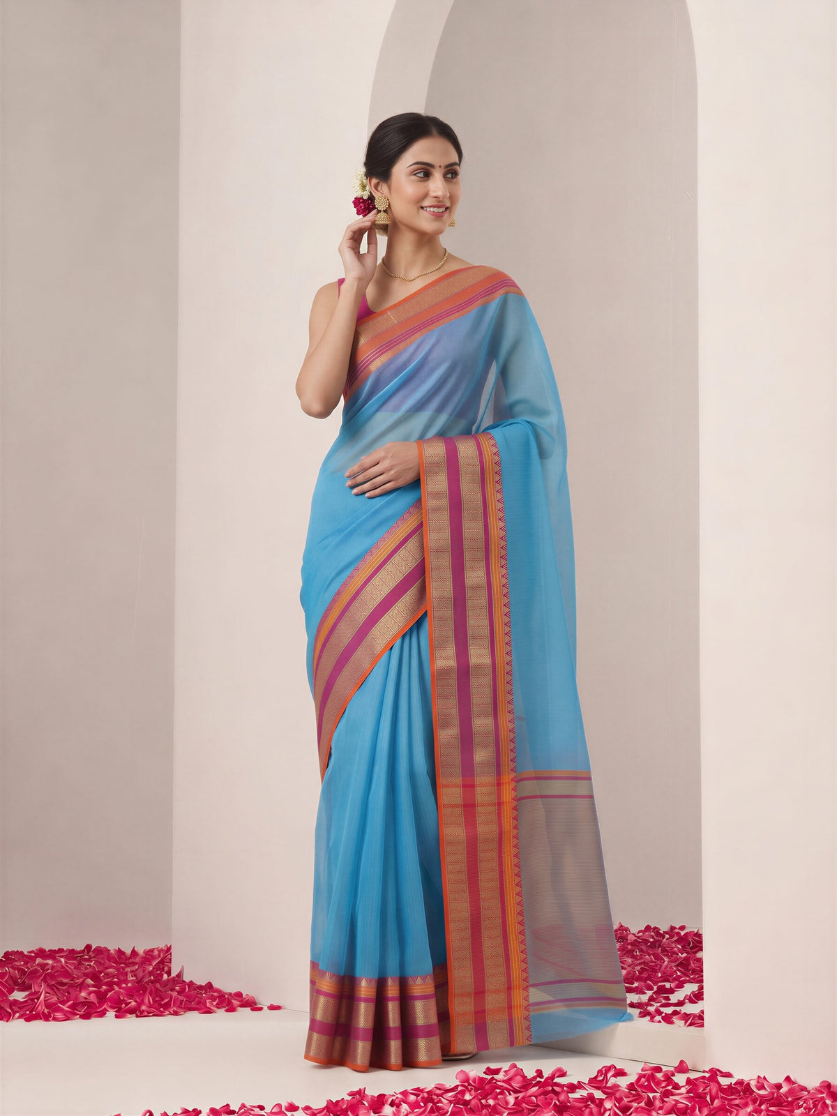 Light Blue kota doria cotton saree view 3