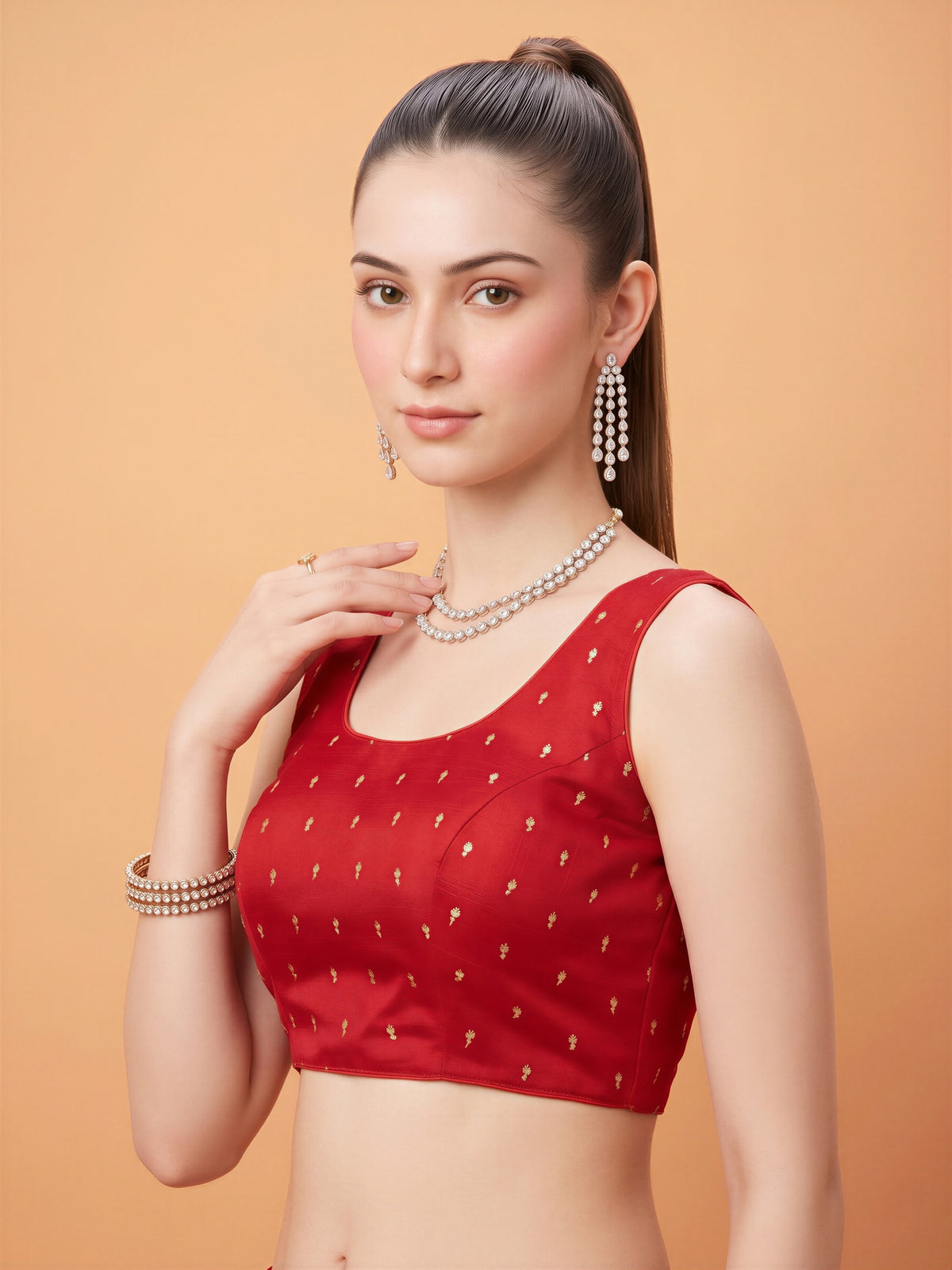 Red sequin embellished silk blend sleeveless readymade saree blouse with round neck view 3