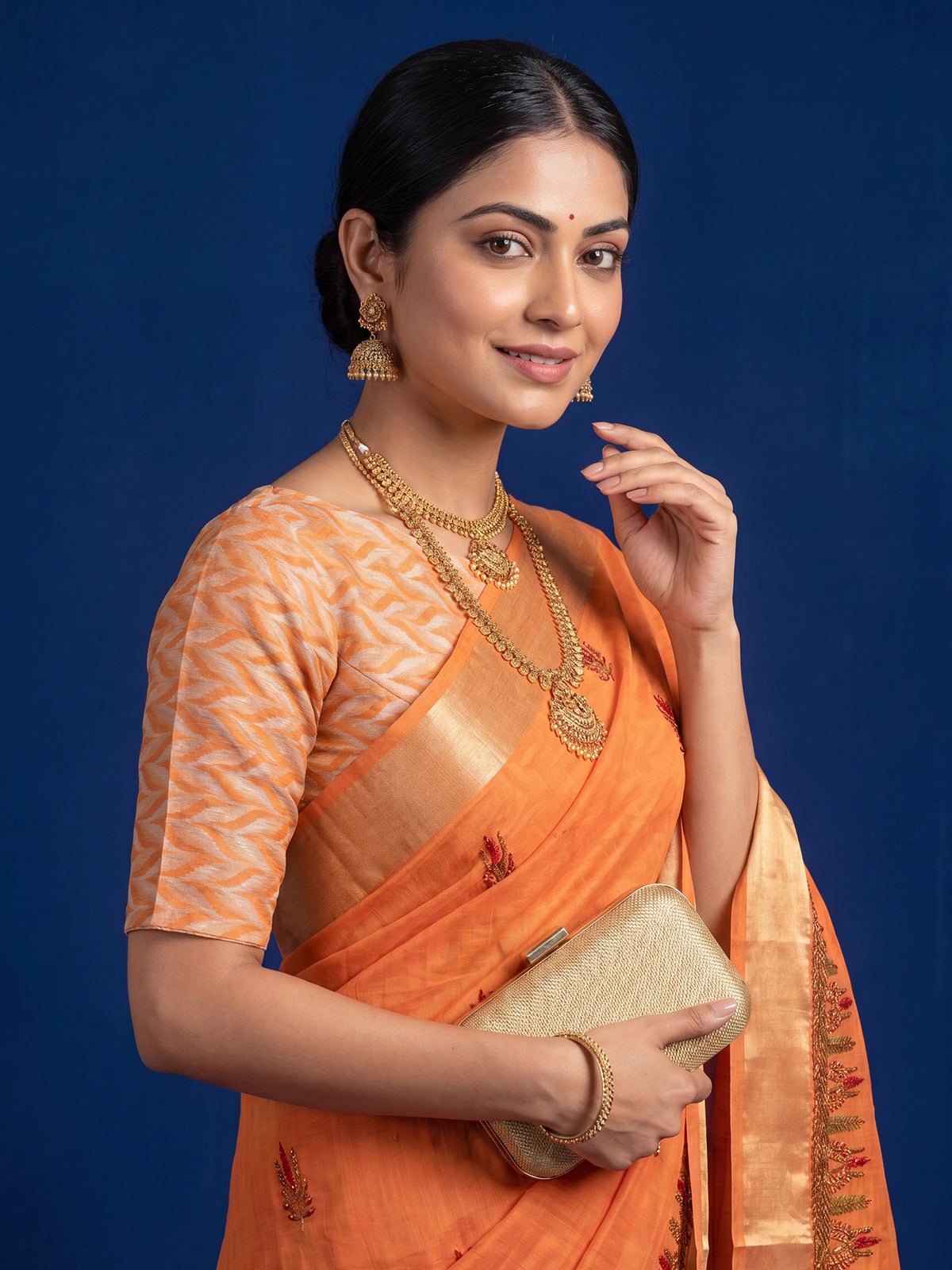 Orange Cotton Linen saree – detail view 3