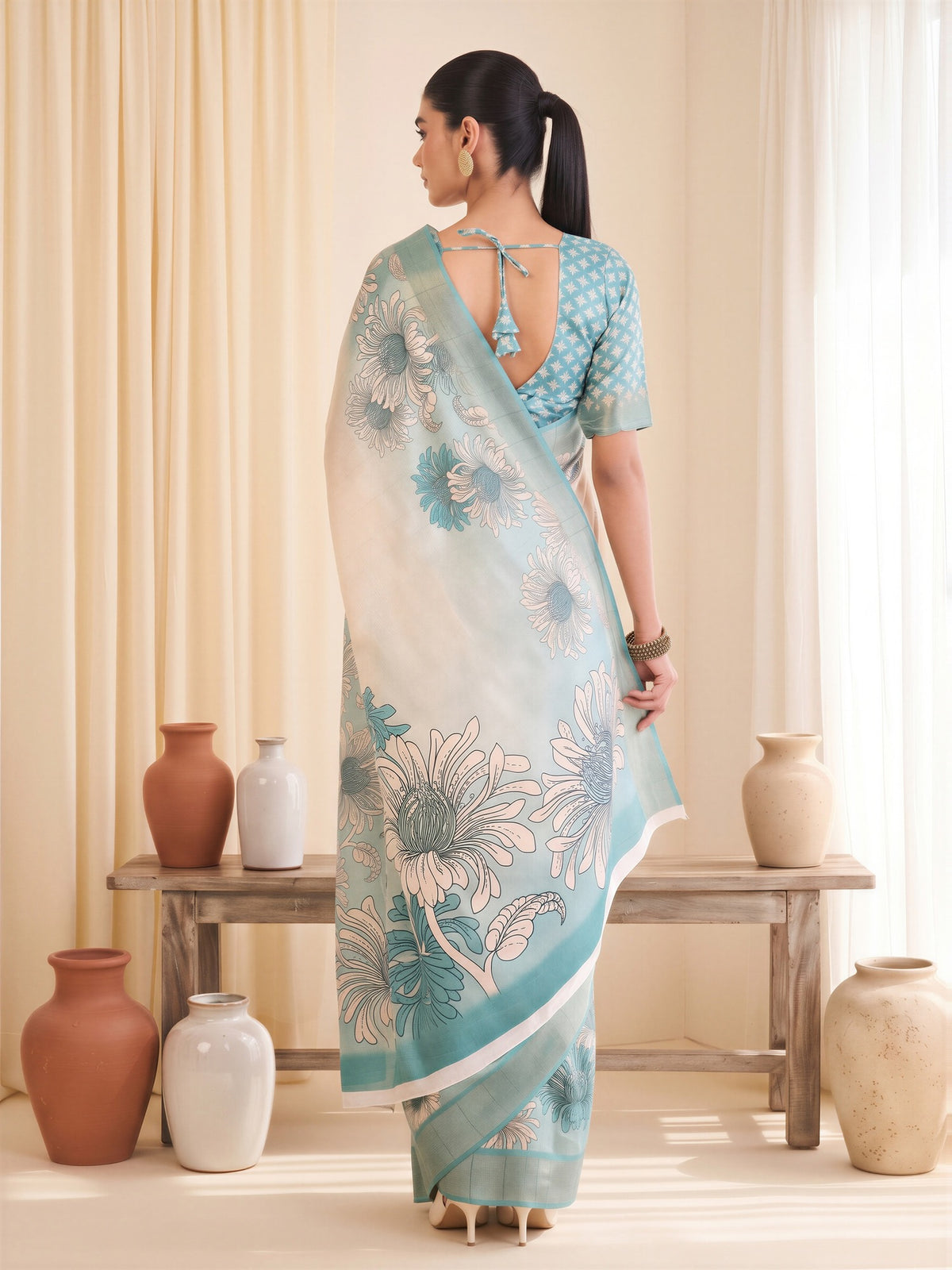 White Satin Silk saree – detail view 1