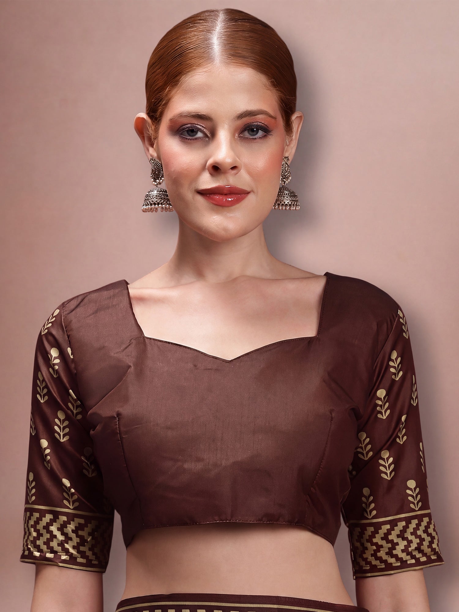 Unstitched brown silk blend blouse piece with ethnic motif design