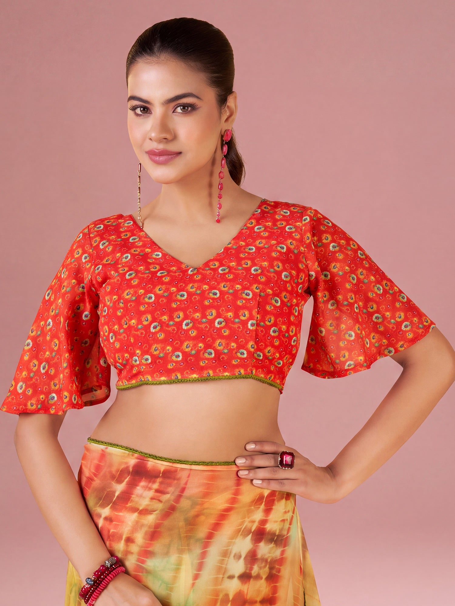 Unstitched coral georgette blouse piece with floral design