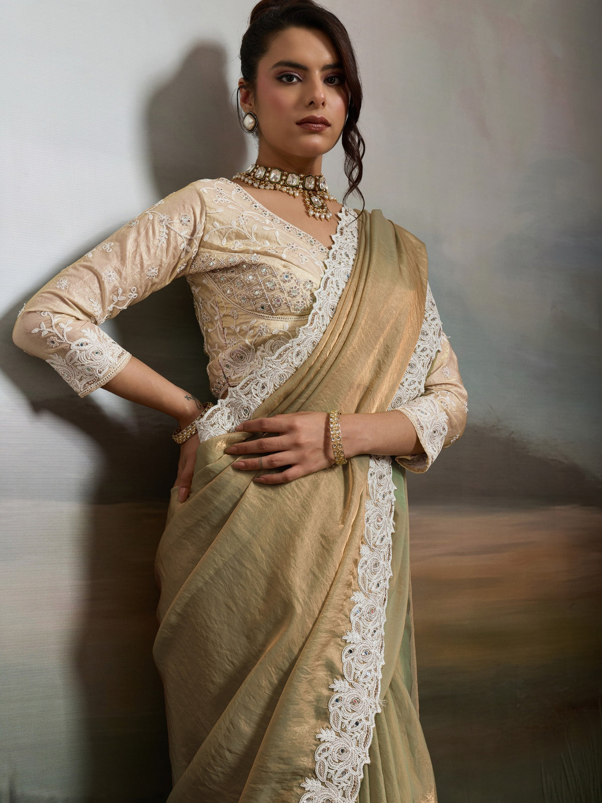 Beige Satin Silk saree – detail view 1