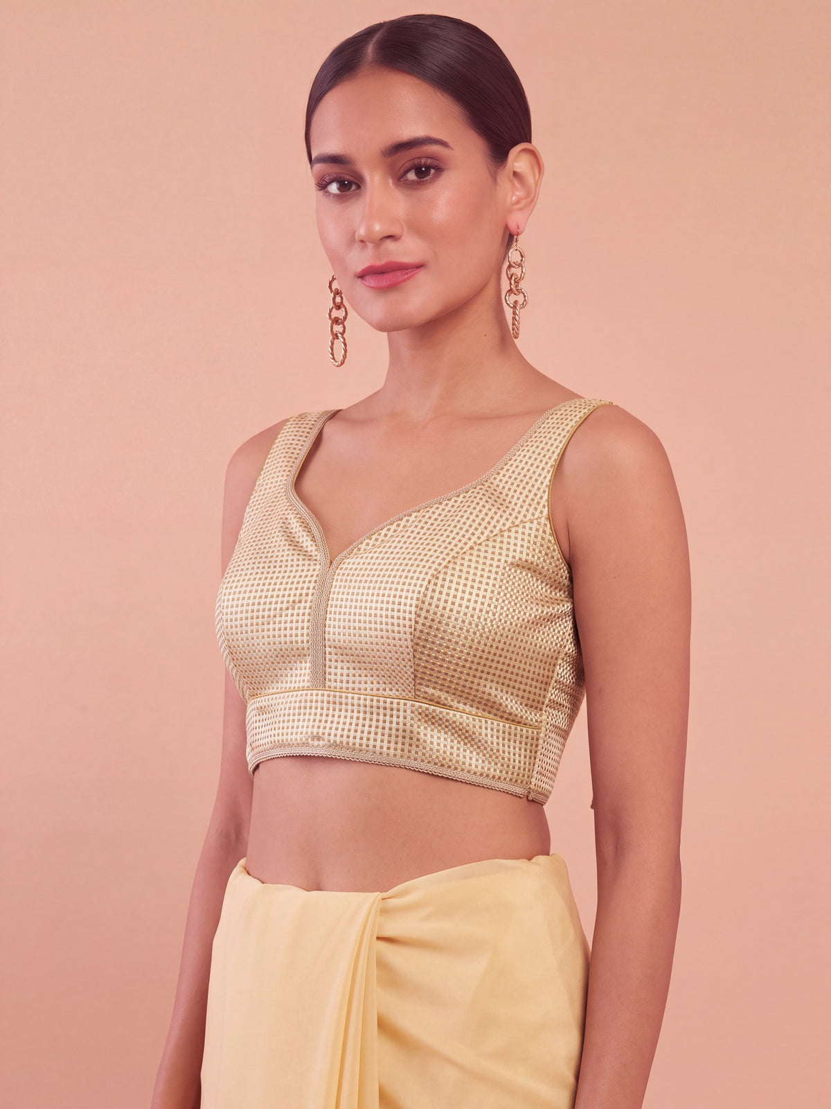 Gold woven metallic jacquard sleeveless readymade saree blouse with sweetheart neck view 3