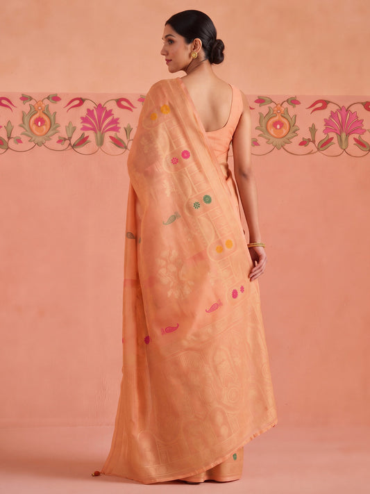 Peach silk blend saree view 1