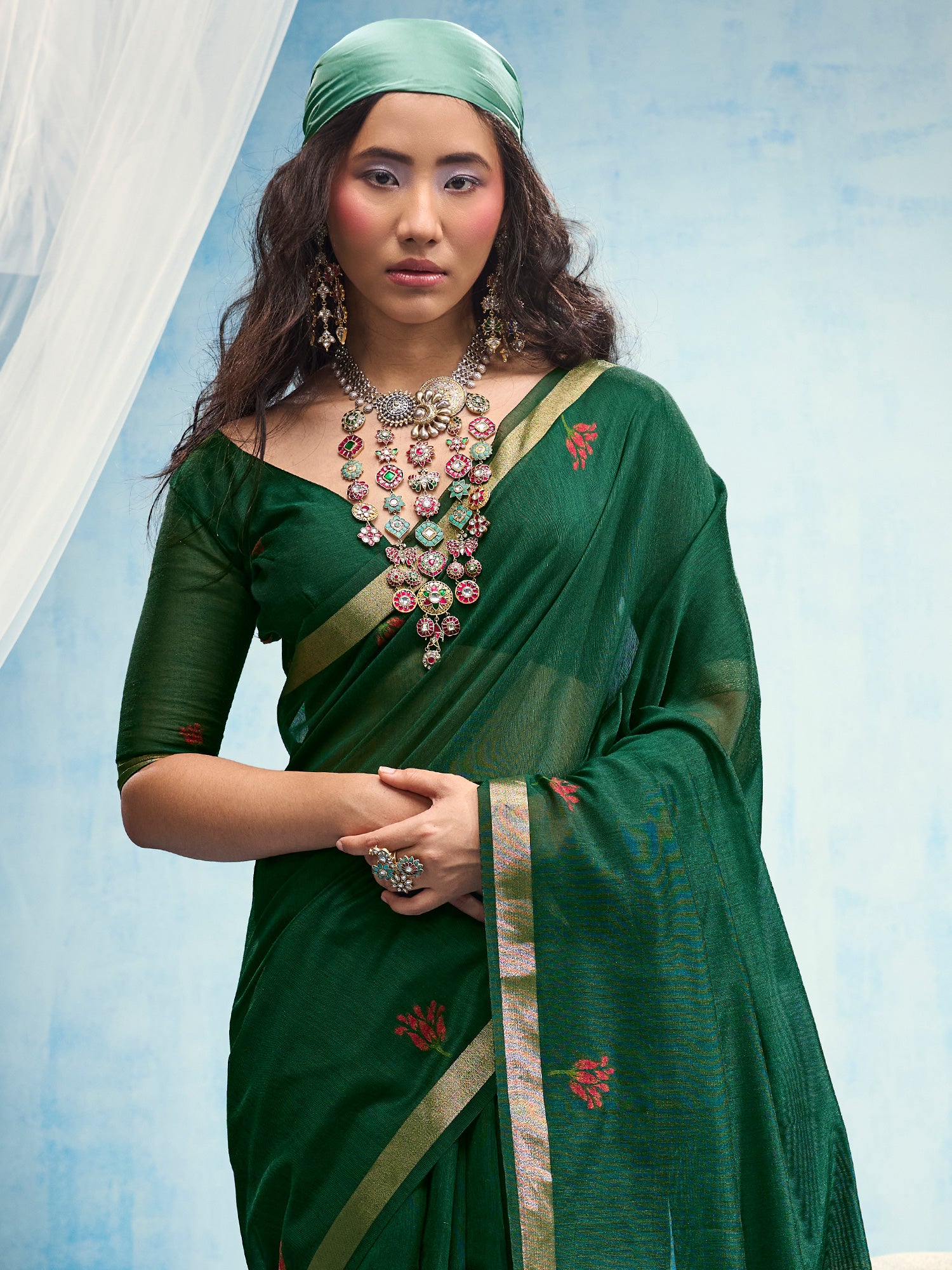 Green Muga Cotton saree – detail view 4
