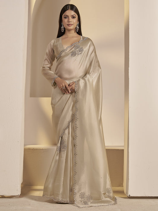 Beige organza saree view 1
