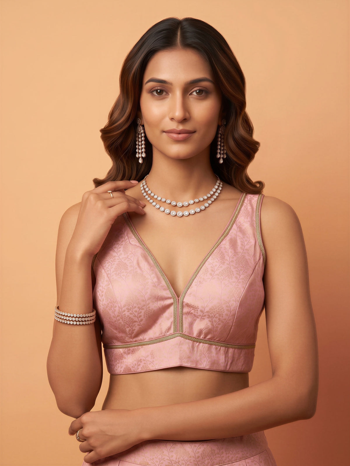 Pink woven brocade silk blend sleeveless readymade saree blouse with deep v neck view 2