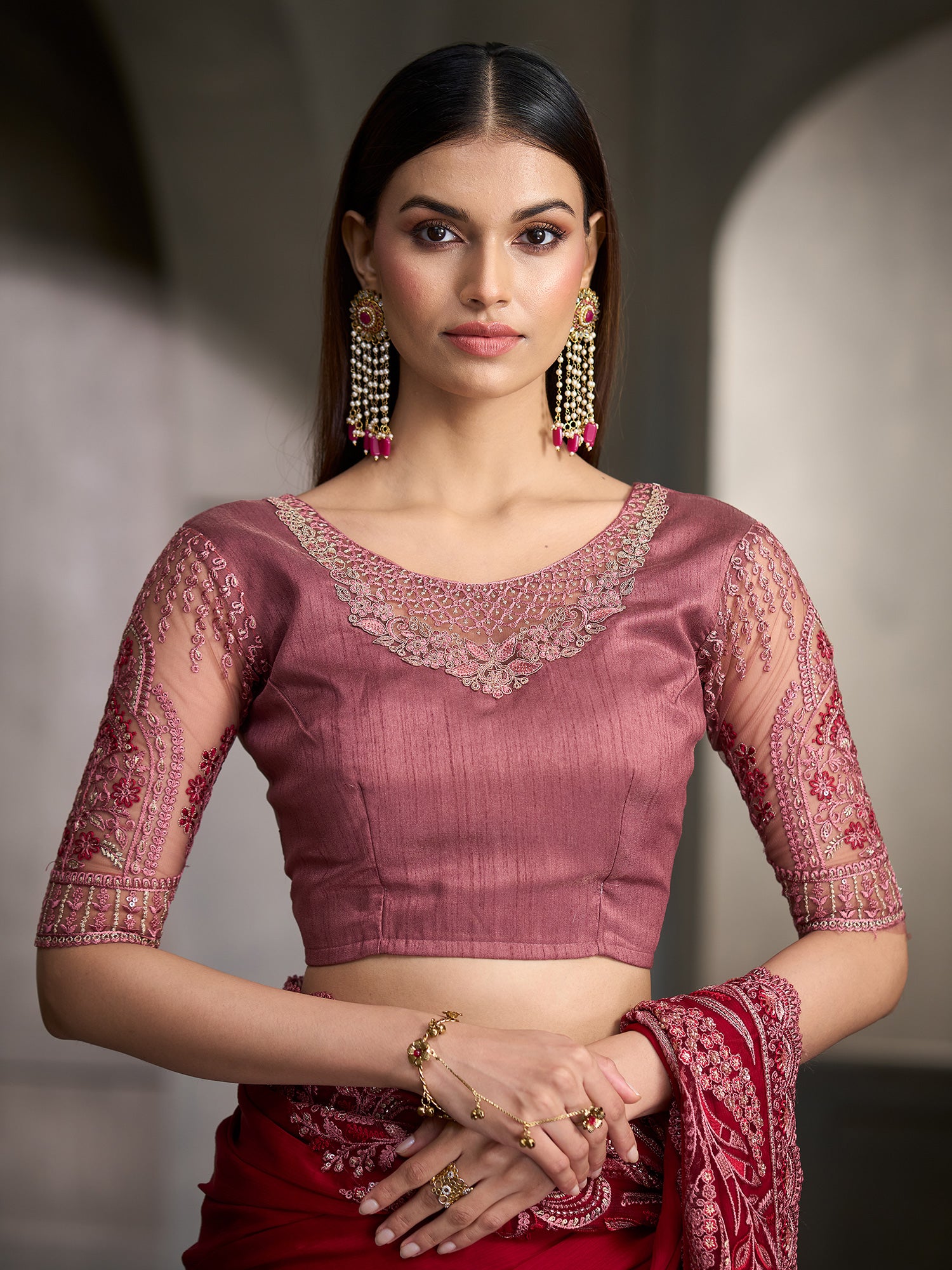 Unstitched mauve banglori silk blouse piece with embellished design
