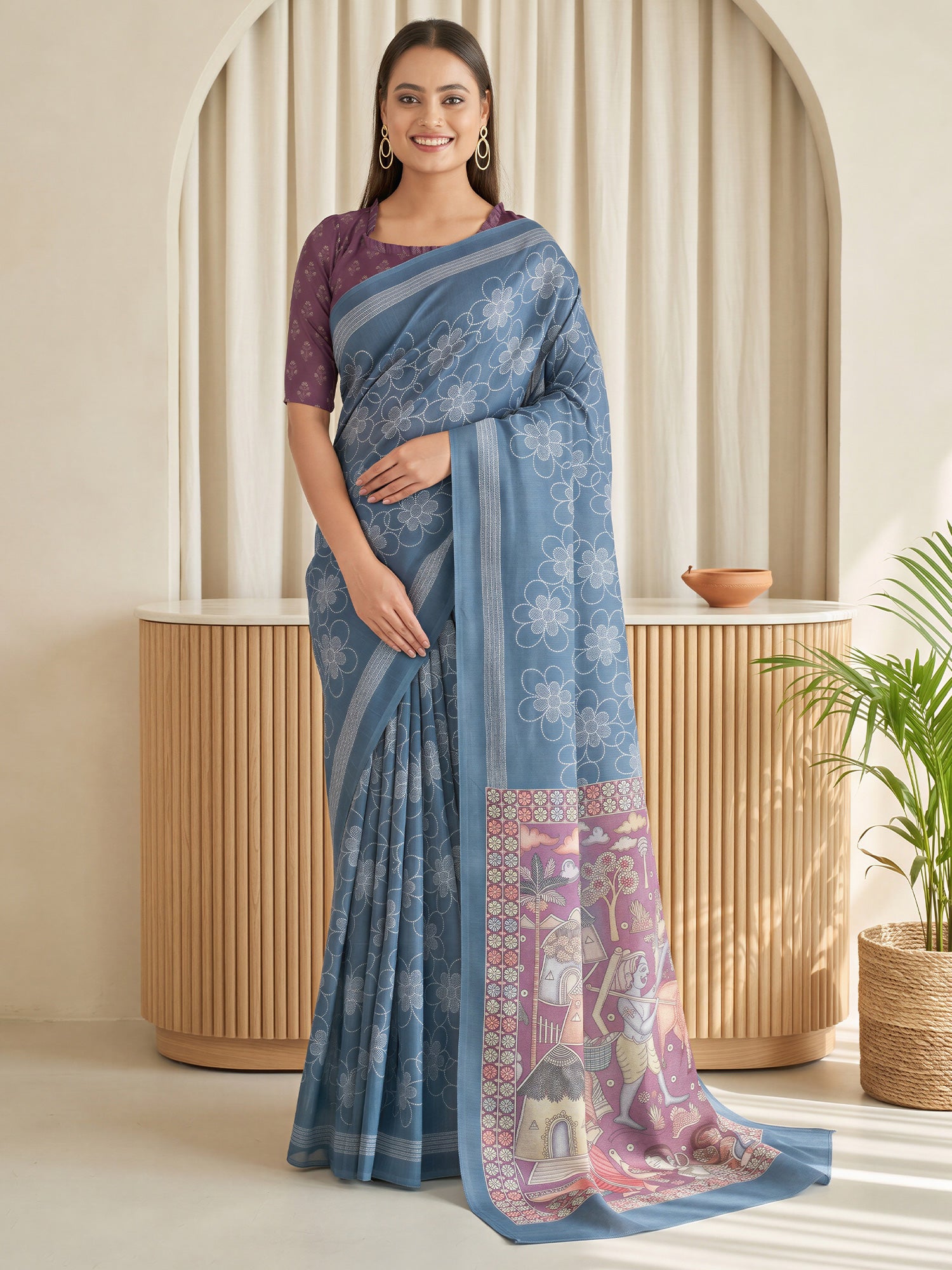 Teal Blue Linen Blend saree – detail view 3