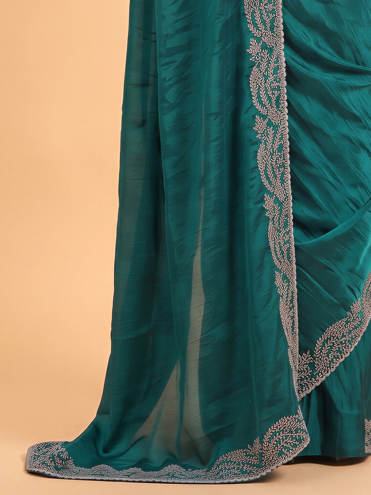 Teal Green Satin Silk saree – detail view 5