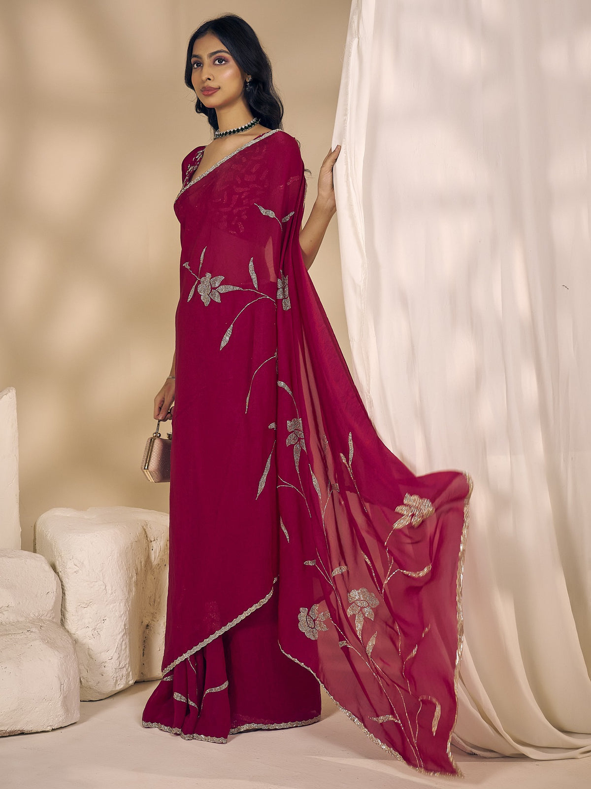 Pink satin silk saree view 3