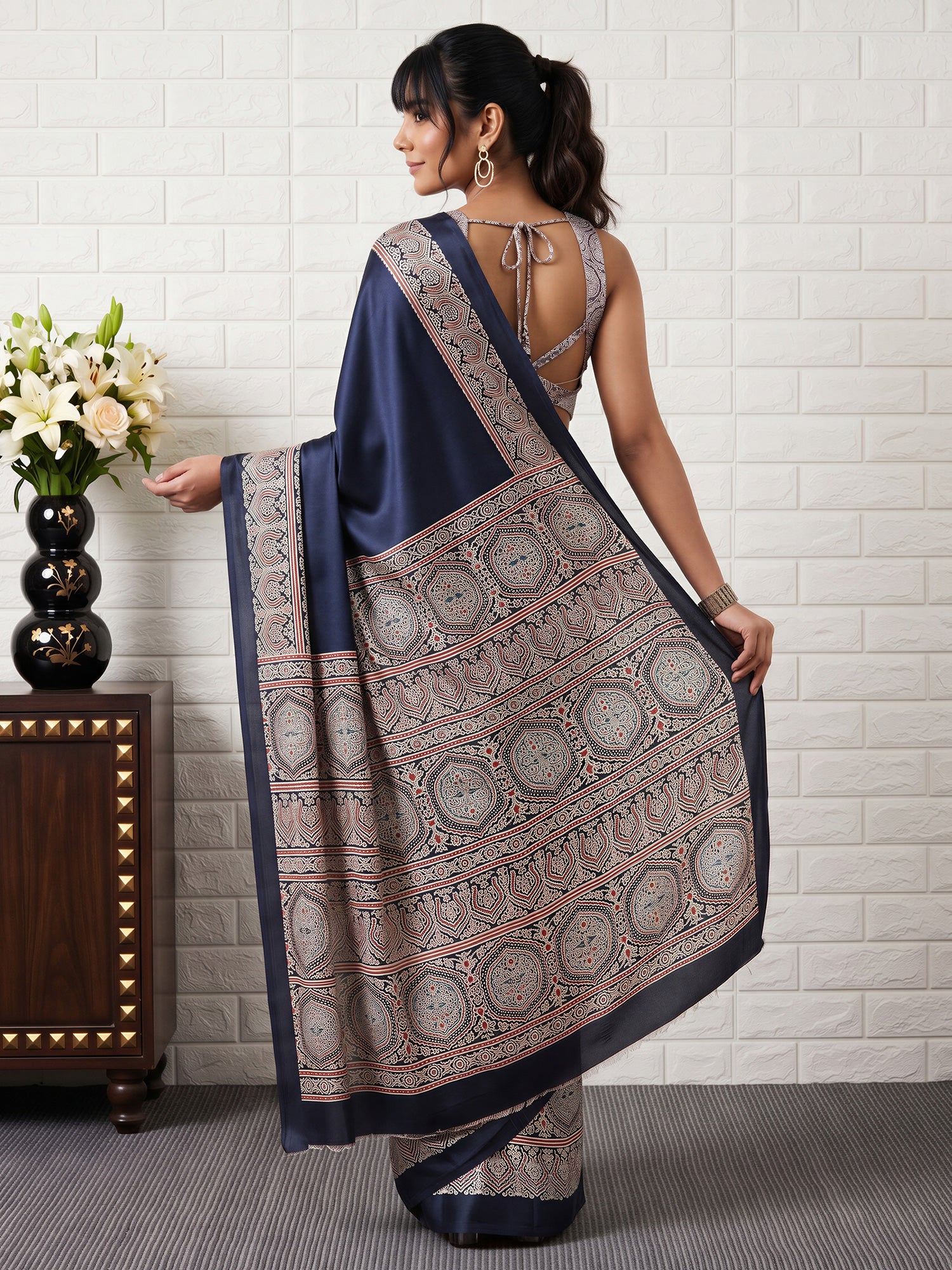 Black Satin saree – detail view 1