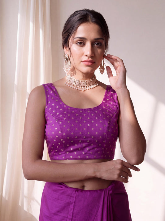 Violet zari woven silk blend sleeveless readymade saree blouse with round neck
