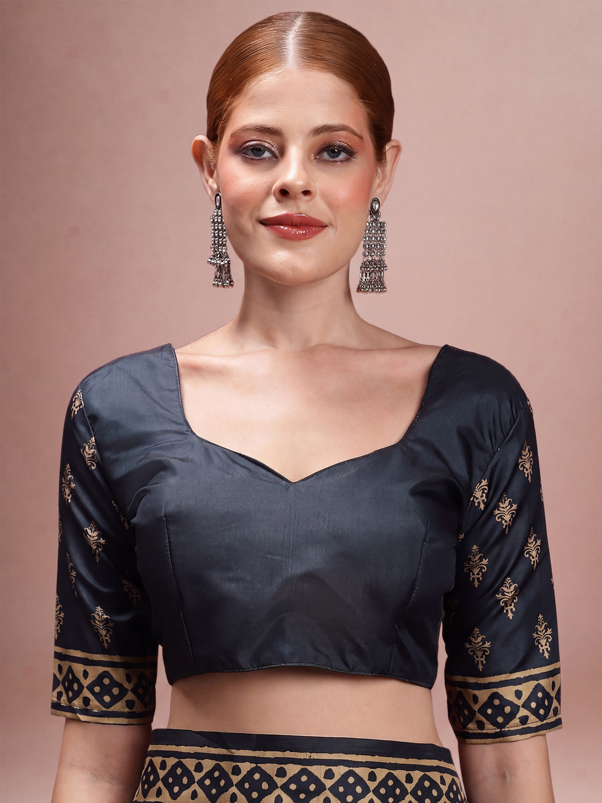 Unstitched navy blue silk blend blouse piece with ethnic motif design