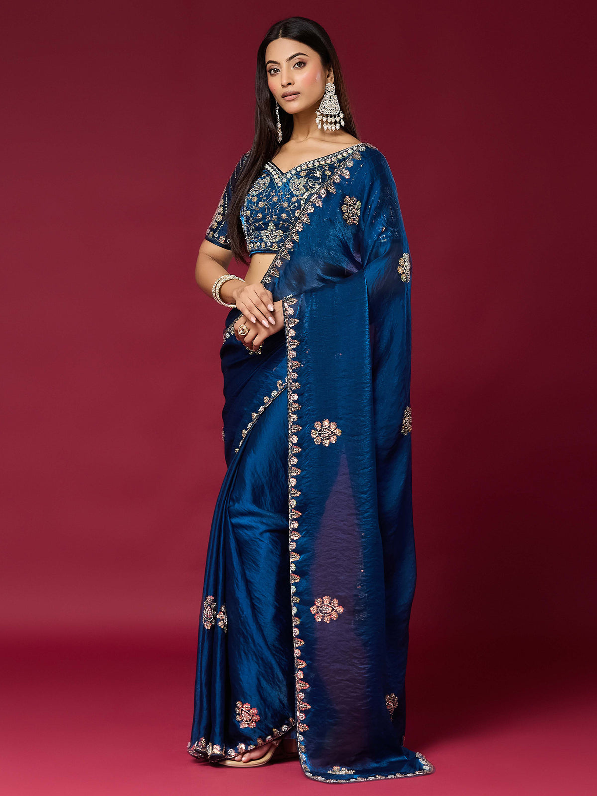 Teal Blue Satin Silk saree – detail view 2