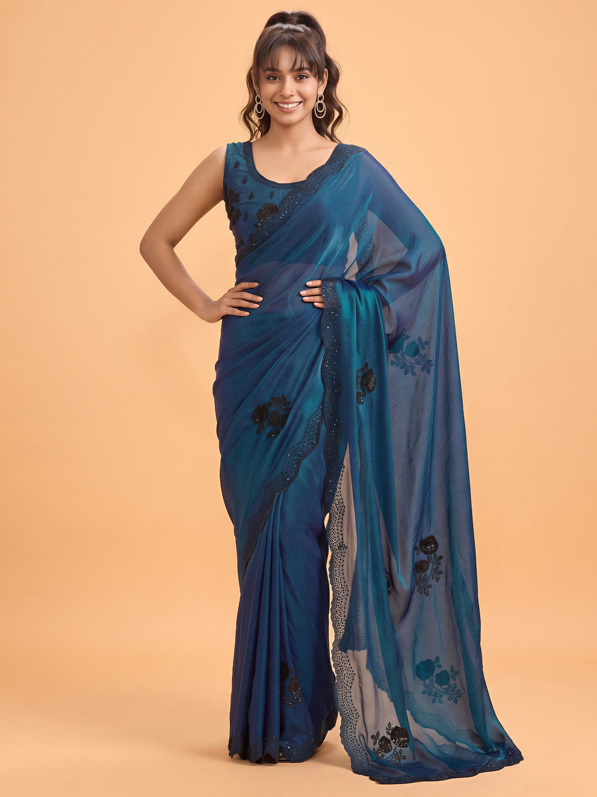 Teal Blue Satin Silk saree – detail view 3
