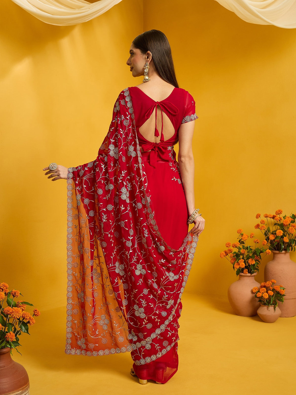 Red Georgette saree – detail view 5