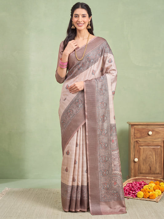 Woman wearing beige manipuri silk saree with madhubani folk-art motifs and beige blouse