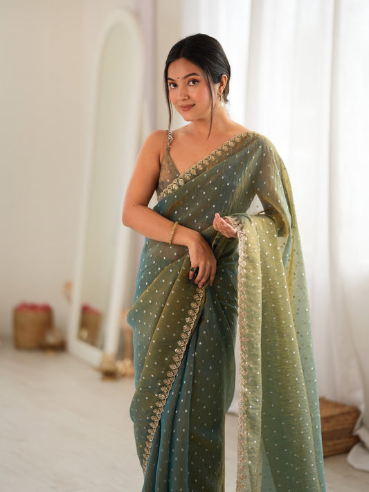 Olive Georgette saree – detail view 1