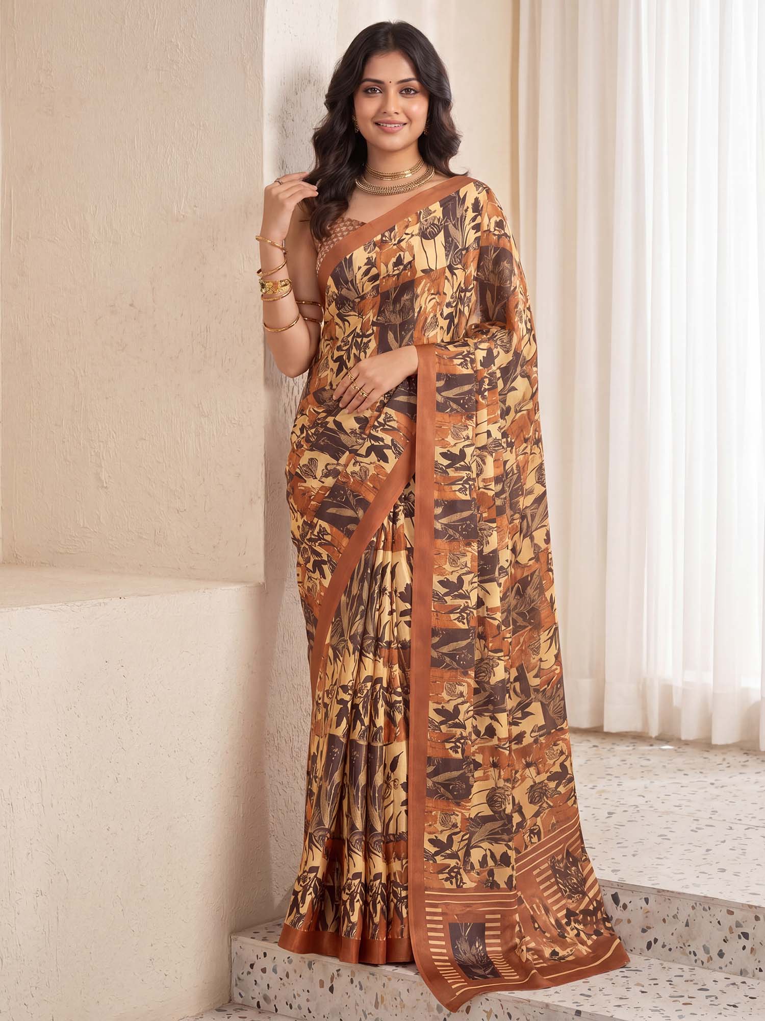 Woman wearing beige crepe saree with abstract contemporary design and rust blouse