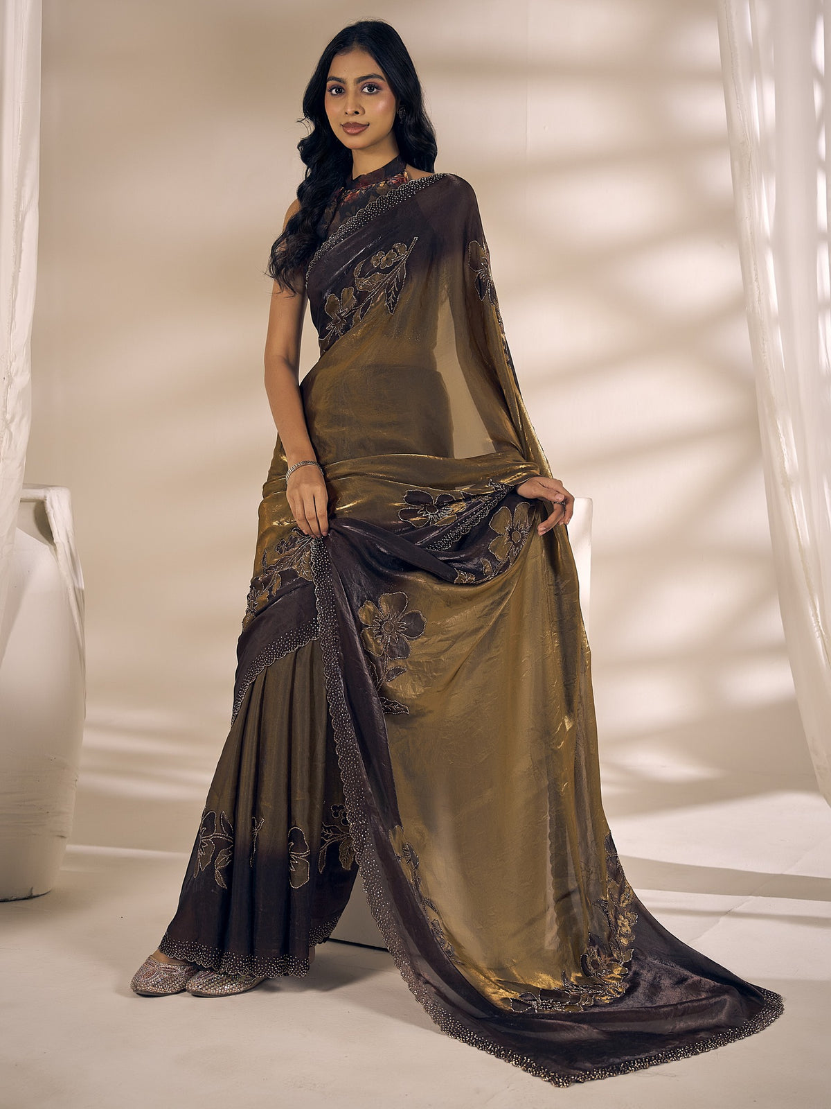 Olive satin silk saree view 4