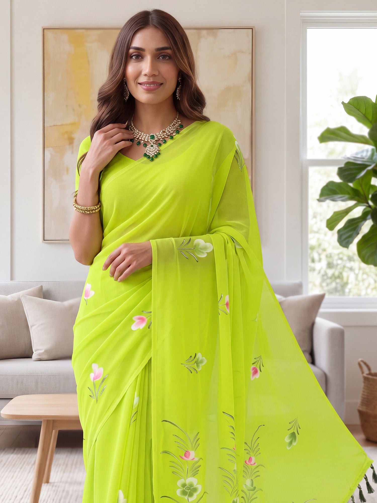 Lime Green Georgette saree – detail view 4