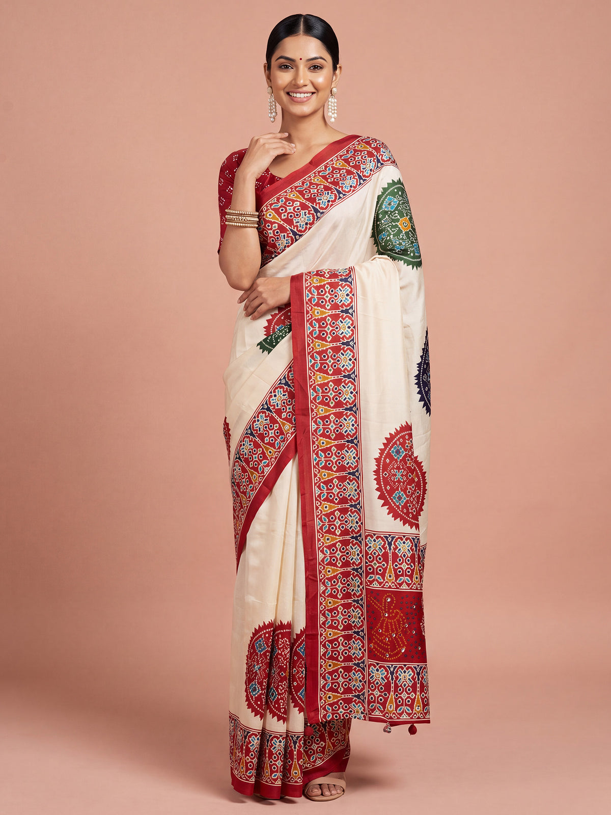 Red ajrak satin saree with red blouse piece