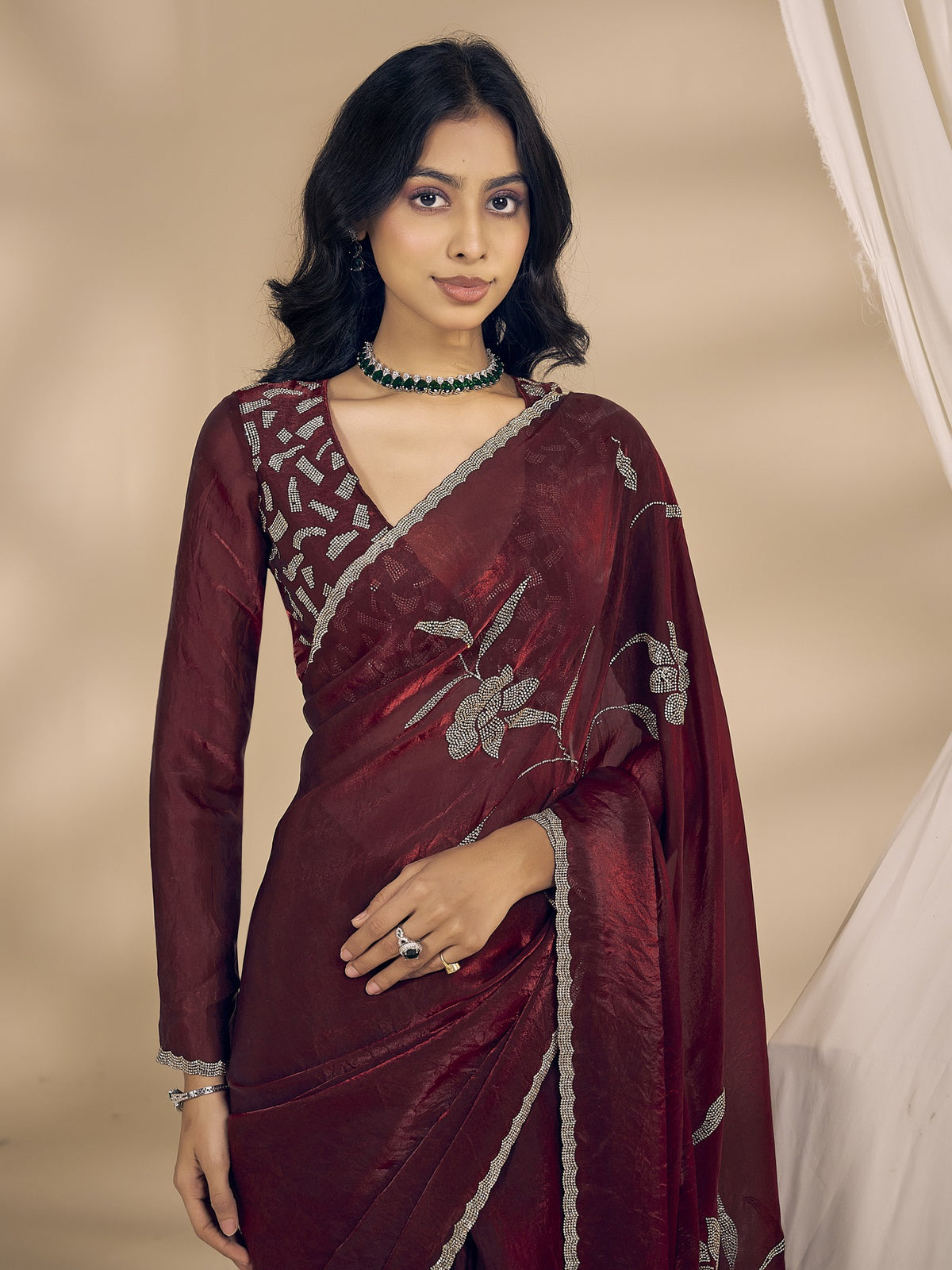 Maroon satin silk saree view 1