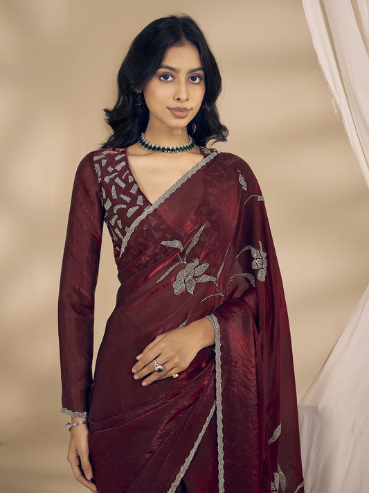 Maroon satin silk saree view 1