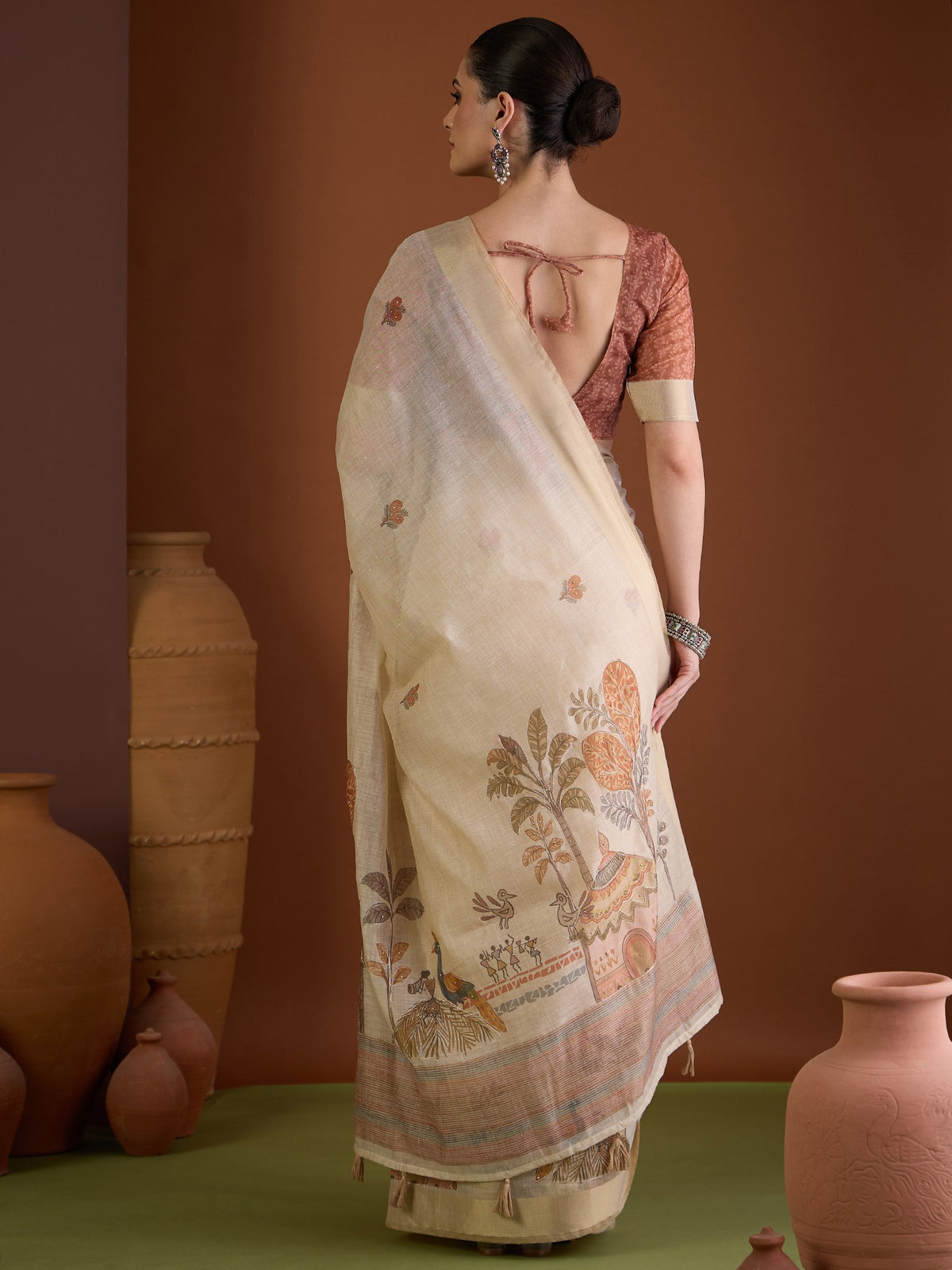 Beige linen blend saree view 2