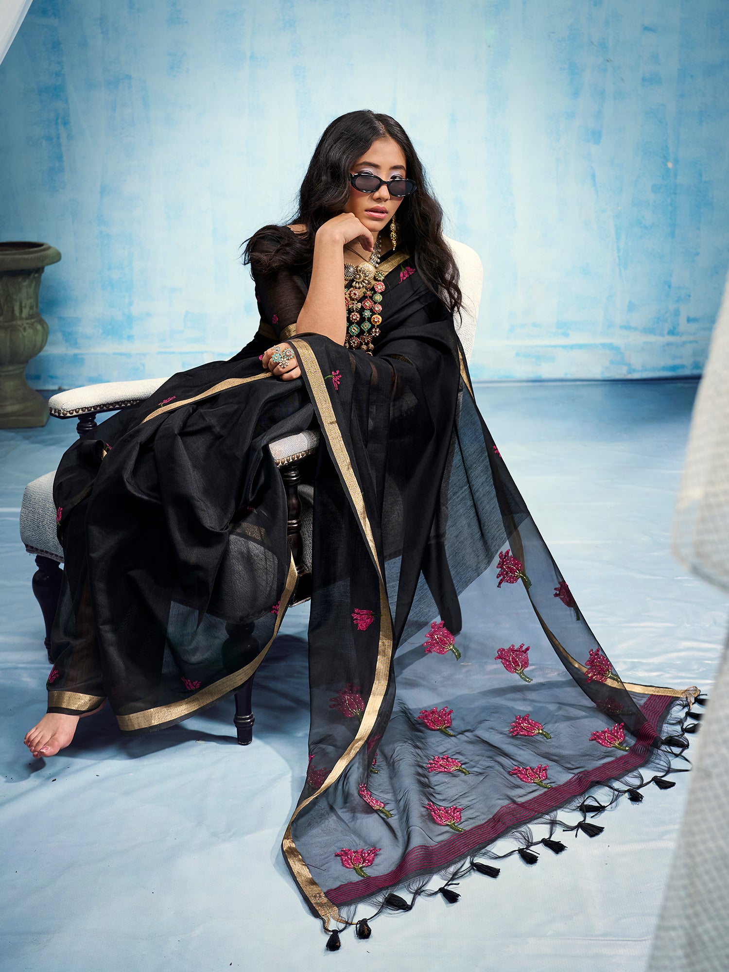 Black Muga Cotton saree – detail view 2