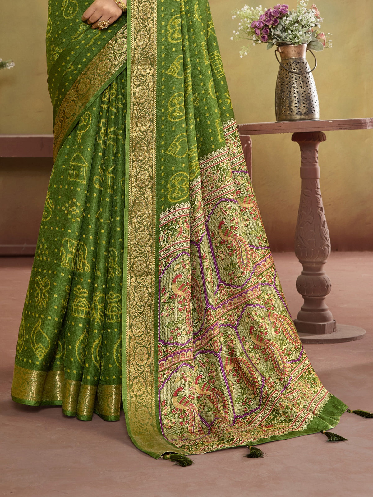 Olive tussar silk saree view 1