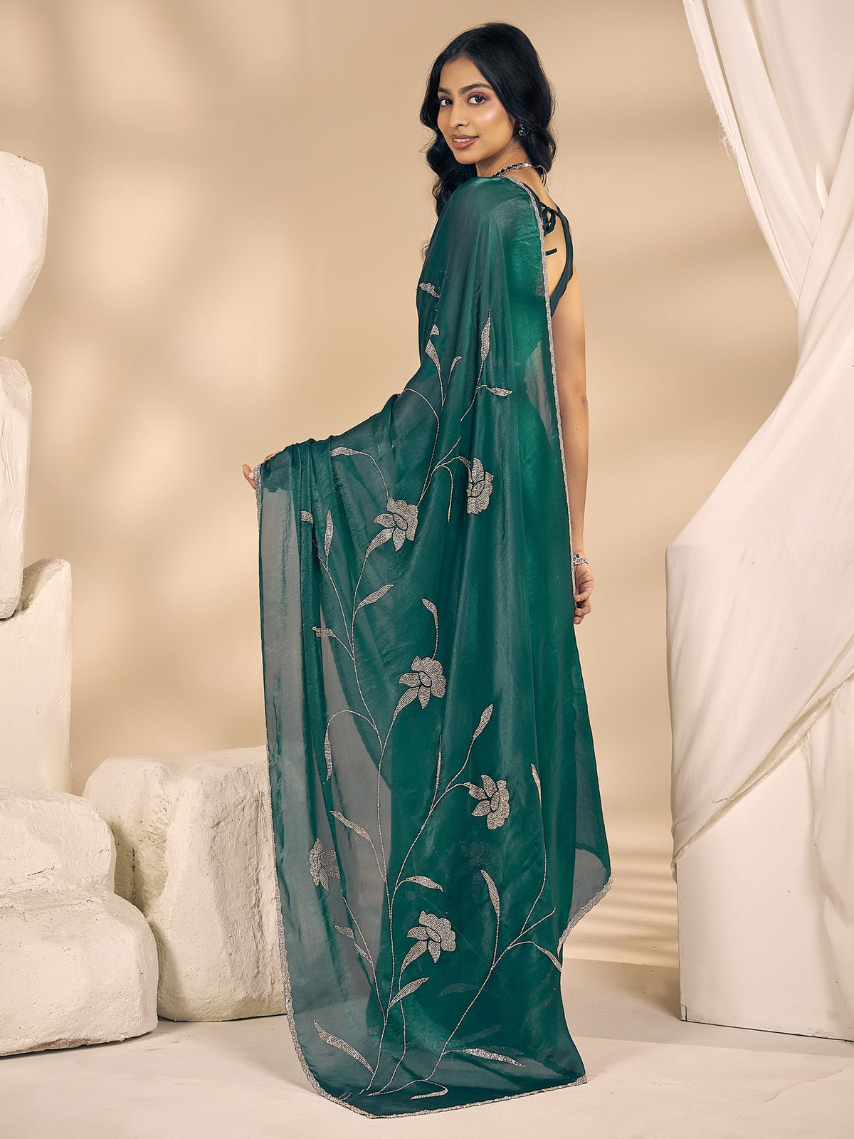 Teal Green satin silk saree view 2