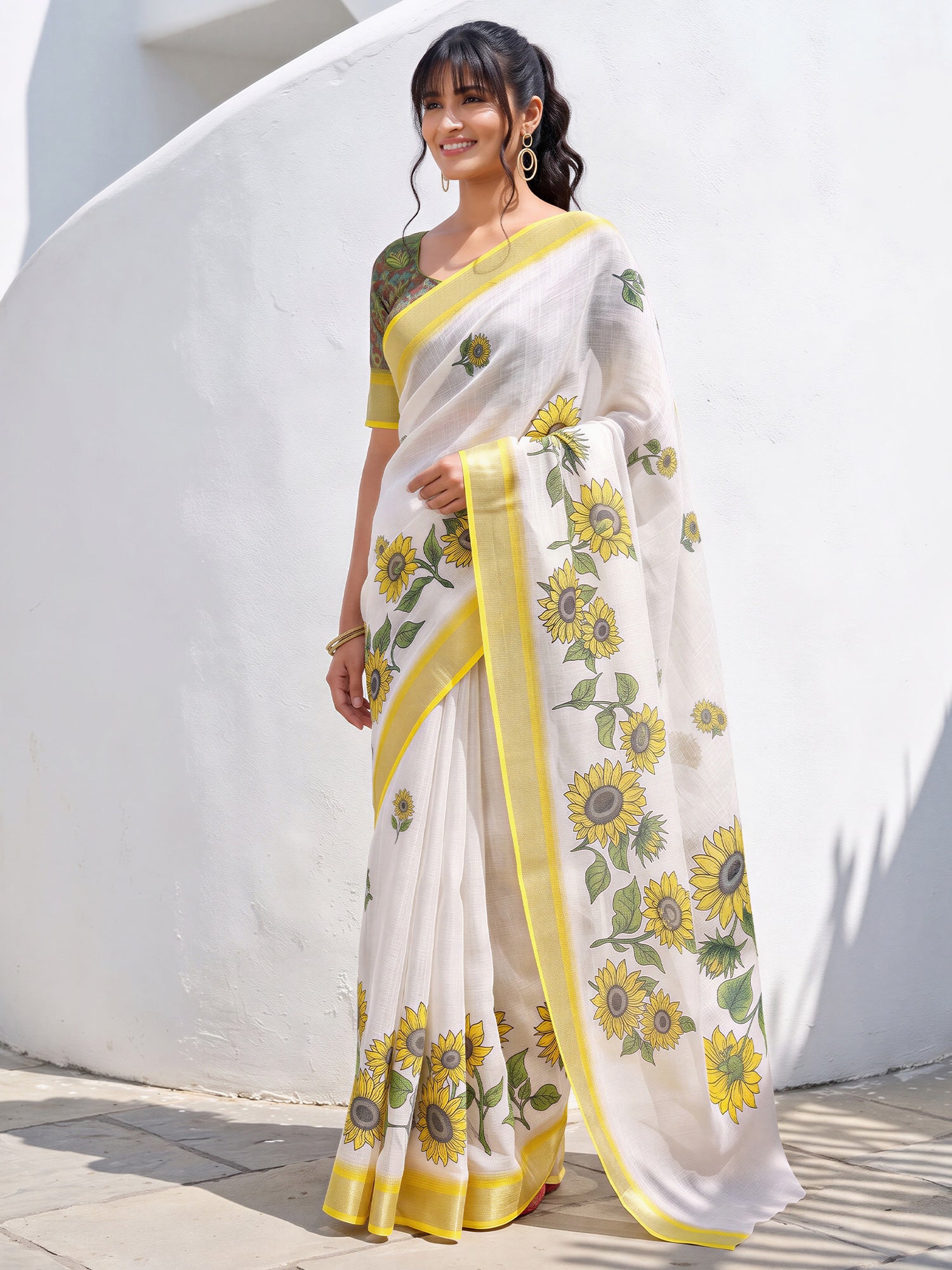 White Cotton Linen saree – detail view 3