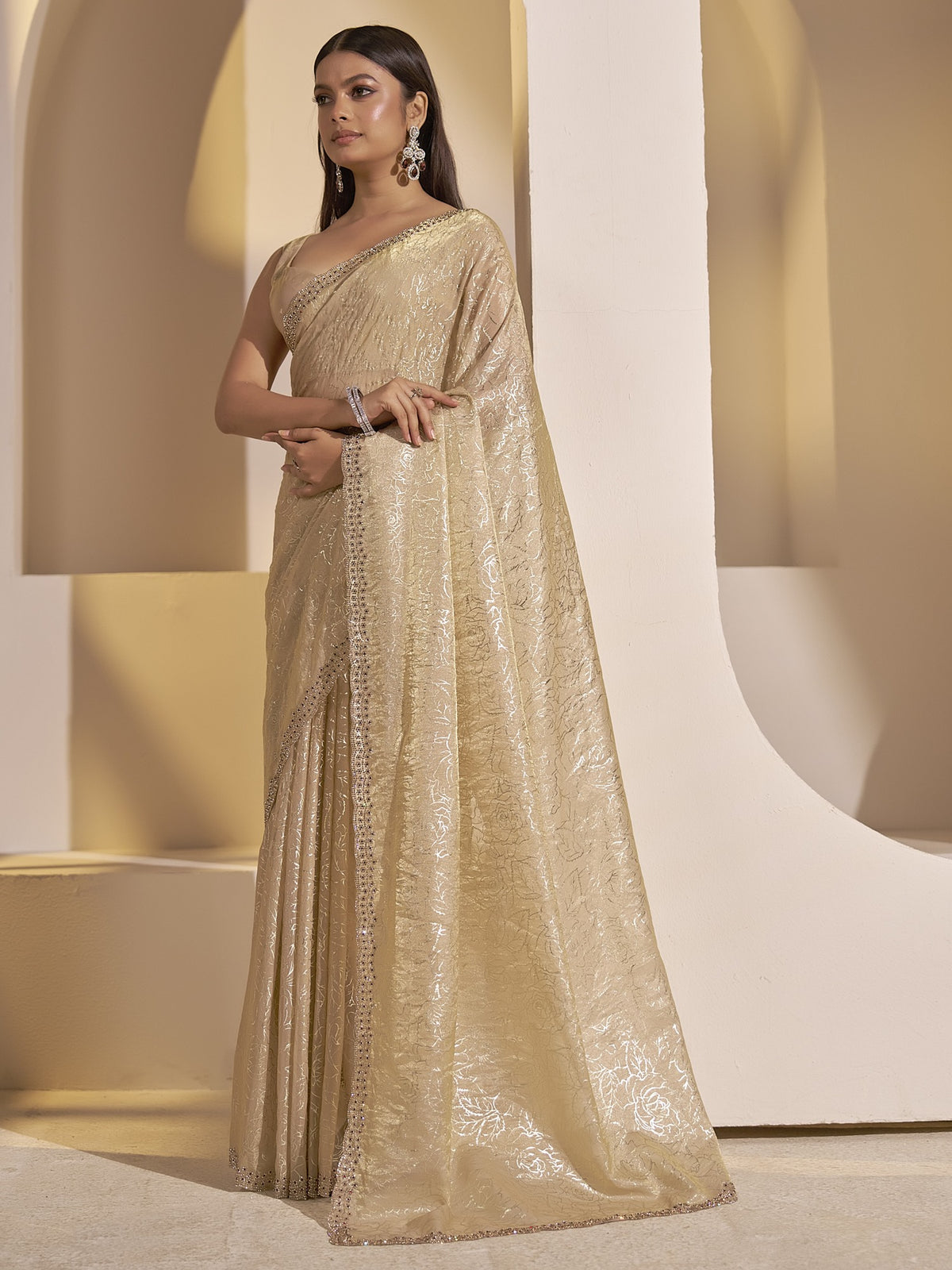 Beige satin silk saree view 1